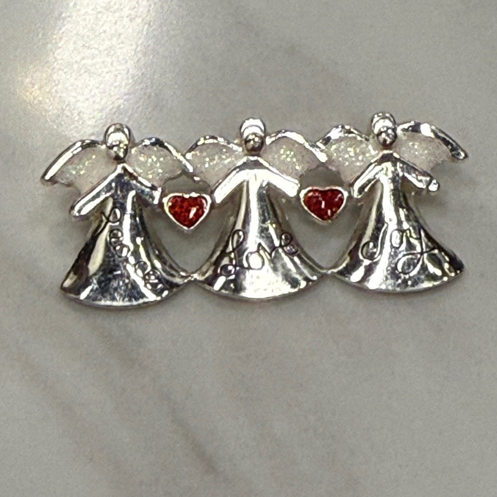 Three Angels Brooch Pin Silver Tone Red Hearts Glitter Wings Vintage Jewelry
